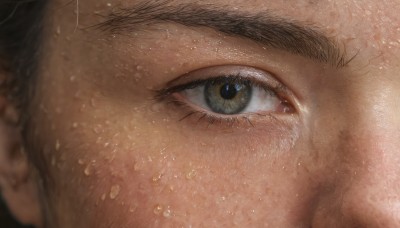 solo,looking at viewer,blue eyes,black hair,1boy,male focus,blurry,wet,eyelashes,portrait,close-up,reflection,realistic,eye focus,facial hair,light particles