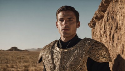 solo,looking at viewer,short hair,brown hair,black hair,1boy,closed mouth,upper body,male focus,outdoors,sky,day,armor,blurry,black eyes,blurry background,facial hair,shoulder armor,pauldrons,breastplate,realistic,photo background,chainmail,blue sky,portrait,sand,desert