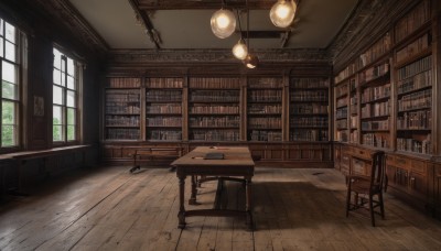 day,indoors,book,no humans,window,chair,table,sunlight,scenery,desk,wooden floor,bookshelf,lamp,stool,shelf,book stack,library,ceiling,ladder,ceiling light,chandelier,wooden chair,reflective floor