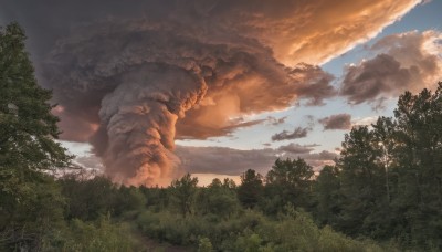 outdoors,sky,day,cloud,tree,blue sky,no humans,cloudy sky,nature,scenery,forest,sunset,monster,landscape,sunlight