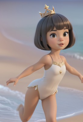 1girl,solo,breasts,looking at viewer,smile,short hair,bangs,brown hair,black hair,bare shoulders,brown eyes,standing,swimsuit,small breasts,outdoors,parted lips,sky,barefoot,teeth,day,blunt bangs,water,blurry,flat chest,lips,one-piece swimsuit,bare arms,covered navel,blurry background,ocean,beach,bob cut,standing on one leg,outstretched arms,crown,child,sand,white one-piece swimsuit,horizon,female child,casual one-piece swimsuit,artist name,running