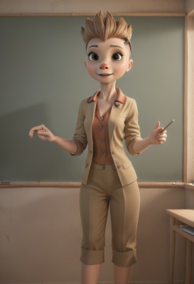 1girl,solo,looking at viewer,smile,short hair,open mouth,brown hair,brown eyes,jacket,pants,indoors,spiked hair,child,desk,sleeves rolled up,classroom,chalkboard,teacher,mohawk,blush,blonde hair,1boy,jewelry,male focus,food,teeth,artist name,necklace,pocky,male child,pointer,chalk