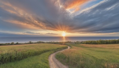 outdoors,sky,day,cloud,water,tree,blue sky,no humans,ocean,sunlight,cloudy sky,grass,nature,scenery,forest,sunset,mountain,sun,horizon,road,field,river,landscape,path,hill,bush