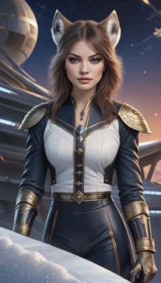 1girl,solo,long hair,breasts,looking at viewer,brown hair,shirt,gloves,long sleeves,animal ears,brown eyes,jewelry,cowboy shot,outdoors,parted lips,sky,belt,pants,artist name,necklace,armor,lips,fox ears,night,black pants,shoulder armor,gauntlets,star (sky),starry sky,pauldrons,spacecraft,medium breasts,standing,parted bangs,bodysuit,freckles,realistic,nose,red lips