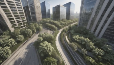 outdoors,sky,day,cloud,tree,no humans,grass,plant,building,scenery,city,road,bush,cityscape,ruins,street,skyscraper,overgrown,cloudy sky,bridge