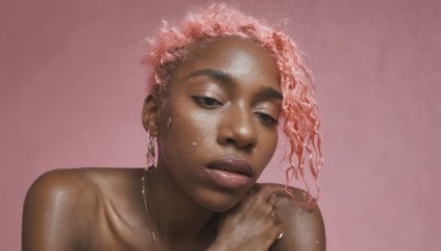 1girl,solo,looking at viewer,short hair,simple background,jewelry,pink hair,nude,earrings,parted lips,shiny,dark skin,necklace,black eyes,dark-skinned female,lips,wet,head tilt,makeup,pink background,ring,portrait,freckles,realistic,wet hair,very dark skin,brown eyes,collarbone,upper body,shiny skin,curly hair,very short hair