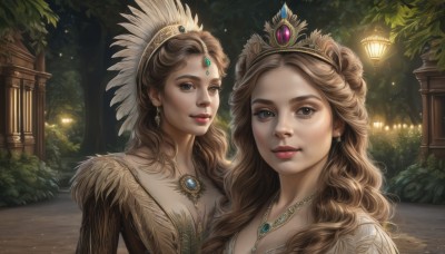 long hair,looking at viewer,smile,multiple girls,brown hair,hair ornament,dress,2girls,brown eyes,jewelry,closed mouth,upper body,earrings,outdoors,parted lips,necklace,tree,lips,night,siblings,wavy hair,tiara,feathers,crown,sisters,gem,pendant,curly hair,twins,lantern,realistic,headdress,bush,feather hair ornament,blue eyes,grey eyes,makeup,lipstick,portrait,red lips