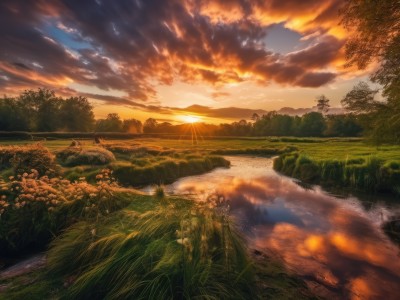 flower,outdoors,sky,cloud,water,tree,no humans,sunlight,cloudy sky,grass,nature,scenery,forest,reflection,sunset,mountain,sun,field,river,landscape,lake,dutch angle,plant,road,evening,hill