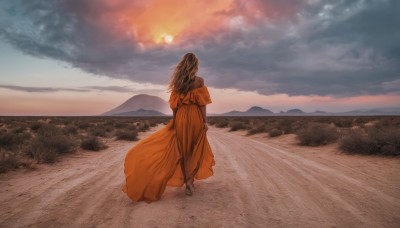 1girl,solo,long hair,brown hair,black hair,long sleeves,dress,standing,full body,outdoors,sky,cloud,from behind,sunlight,cloudy sky,scenery,walking,sunset,mountain,long dress,sun,facing away,orange dress,mountainous horizon,orange theme,bare shoulders,grass,wind,sand,horizon