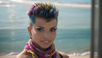 1girl,solo,looking at viewer,smile,short hair,blue eyes,black hair,bare shoulders,jewelry,blue hair,multicolored hair,earrings,outdoors,teeth,day,dark skin,water,necklace,scarf,grin,blurry,black eyes,two-tone hair,dark-skinned female,lips,eyelashes,makeup,depth of field,blurry background,ocean,beach,piercing,sharp teeth,ear piercing,portrait,eyeshadow,freckles,realistic,nose,very short hair,undercut,very dark skin,mascara,upper body,purple hair,parted lips,grey eyes,close-up,nose piercing