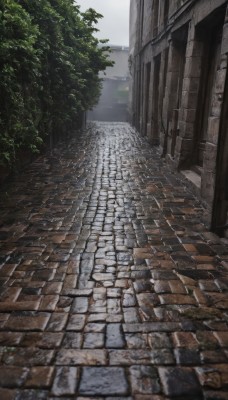 outdoors,sky,day,cloud,tree,no humans,building,scenery,road,wall,street,pavement,stone floor,brick floor,traditional media,cloudy sky,plant,city,path,town,vanishing point