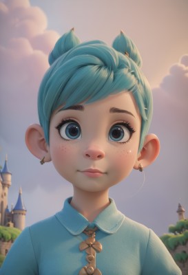 1girl,solo,looking at viewer,smile,short hair,bangs,blue eyes,shirt,jewelry,closed mouth,blue hair,upper body,earrings,outdoors,sky,day,collared shirt,artist name,cloud,hair bun,lips,eyelashes,aqua hair,buttons,swept bangs,piercing,cloudy sky,blue shirt,building,freckles,nose,castle,portrait