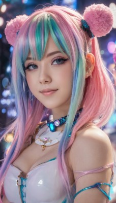 1girl,solo,long hair,breasts,looking at viewer,smile,bangs,hair ornament,cleavage,bare shoulders,jewelry,medium breasts,closed mouth,blue hair,upper body,pink hair,multicolored hair,green hair,choker,necklace,blurry,two-tone hair,lips,grey eyes,eyelashes,double bun,aqua hair,makeup,blurry background,realistic,nose,blue eyes,bra,collar,depth of field,piercing,bokeh,mascara