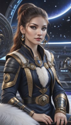 1girl,solo,long hair,looking at viewer,brown hair,long sleeves,dress,brown eyes,jewelry,sitting,closed mouth,ponytail,earrings,solo focus,belt,armor,blurry,lips,fur trim,ring,realistic,nose,space,planet,hair pulled back,breasts,upper body,artist name,gem,forehead