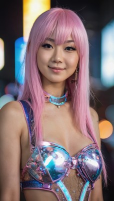 1girl,solo,long hair,breasts,looking at viewer,smile,bangs,bare shoulders,jewelry,closed mouth,upper body,pink hair,earrings,small breasts,choker,necklace,bra,blurry,black eyes,lips,blurry background,cross,realistic,cleavage,medium breasts,underwear,armor,collar,lingerie