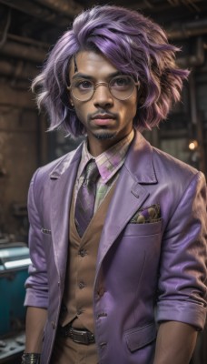 solo,looking at viewer,shirt,1boy,brown eyes,jewelry,closed mouth,standing,jacket,upper body,purple hair,male focus,earrings,open clothes,necktie,glasses,collared shirt,belt,pants,indoors,blurry,vest,bracelet,lips,coat,buttons,blurry background,facial hair,formal,suit,beard,buckle,sleeves rolled up,curly hair,watch,belt buckle,realistic,nose,round eyewear,arms at sides,purple shirt,wristwatch,purple jacket,purple necktie,purple vest,1girl,short hair,purple eyes,dark skin,brown pants