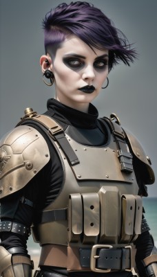 1girl,solo,looking at viewer,short hair,brown eyes,jewelry,upper body,purple hair,earrings,belt,armor,lips,makeup,scar,lipstick,shoulder armor,scar on face,eyeshadow,pauldrons,hoop earrings,breastplate,realistic,eyeliner,facepaint,undercut,shoulder pads,black lips,green eyes,grey background,vest,piercing,very short hair,nose piercing