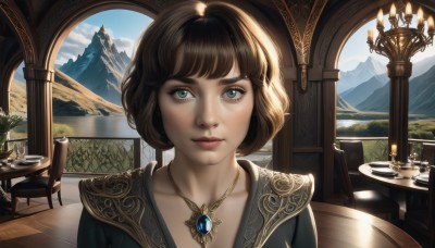 1girl,solo,looking at viewer,smile,short hair,bangs,blue eyes,brown hair,jewelry,closed mouth,collarbone,upper body,sky,day,cloud,indoors,necklace,tree,blue sky,lips,grey eyes,eyelashes,window,chair,table,gem,portrait,scenery,pendant,mountain,realistic,nose,fantasy,candle,mountainous horizon,candlestand,cleavage,outdoors,cup,bob cut,pillar