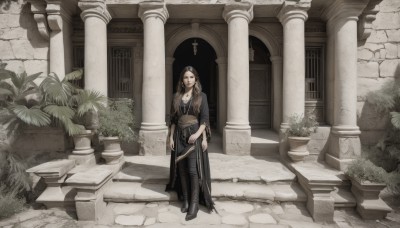 1girl,solo,long hair,breasts,looking at viewer,black hair,thighhighs,long sleeves,dress,holding,cleavage,jewelry,medium breasts,closed mouth,standing,full body,weapon,earrings,boots,indoors,necklace,black footwear,black dress,high heels,sash,shadow,thigh boots,knee boots,plant,stairs,arms at sides,potted plant,wide shot,pillar,arch,column,brown hair,scenery