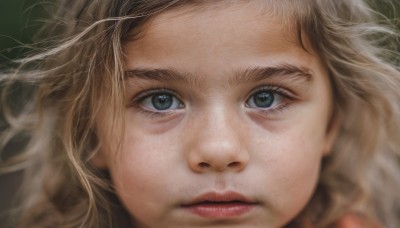 1girl,solo,long hair,looking at viewer,blue eyes,blonde hair,closed mouth,blurry,lips,grey eyes,eyelashes,depth of field,portrait,close-up,freckles,realistic,nose,red lips,brown hair,eye focus