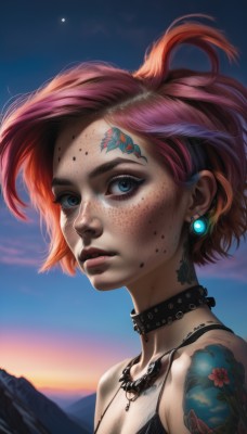 1girl,solo,breasts,looking at viewer,short hair,blue eyes,bare shoulders,jewelry,upper body,pink hair,red hair,multicolored hair,earrings,small breasts,outdoors,sky,choker,artist name,necklace,mole,collar,lips,eyelashes,tattoo,makeup,piercing,tank top,ear piercing,portrait,eyeshadow,freckles,sunset,mountain,realistic,nose,eyeliner,arm tattoo,shoulder tattoo,mascara,sunrise,neck tattoo,cleavage,from side,night,facial mark,moon,feathers,facial tattoo