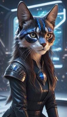 1girl,solo,long hair,breasts,looking at viewer,brown hair,long sleeves,animal ears,brown eyes,jewelry,closed mouth,yellow eyes,upper body,belt,artist name,cat ears,signature,armor,blurry,black jacket,blurry background,cat,slit pupils,brooch,shoulder armor,gem,furry,colored sclera,furry female,animal nose,whiskers,blue gemstone,yellow sclera