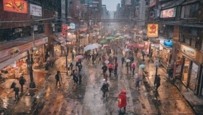 multiple girls,hat,holding,jacket,outdoors,multiple boys,bag,night,umbrella,ground vehicle,building,scenery,motor vehicle,reflection,walking,rain,6+boys,holding umbrella,city,sign,chinese text,car,road,cityscape,lamppost,street,crowd,puddle,traffic light,people,pavement,crosswalk,real world location,6+others,sidewalk,traffic cone,storefront,traditional media,multiple others,ambiguous gender,shop,cyberpunk,vanishing point