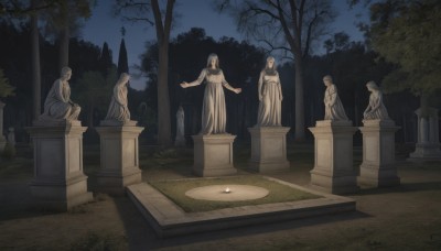 1girl,long hair,multiple girls,sitting,outdoors,sky,tree,night,grass,night sky,scenery,pillar,bare tree,statue,tombstone,graveyard,stone lantern,solo,no humans,nature