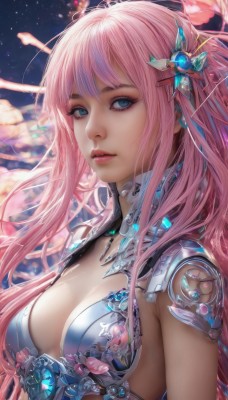 1girl,solo,long hair,breasts,looking at viewer,bangs,blue eyes,hair ornament,cleavage,jewelry,medium breasts,upper body,pink hair,parted lips,sky,armor,lips,eyelashes,makeup,gem,star (sky),realistic,nose,flower,artist name,science fiction,pink lips