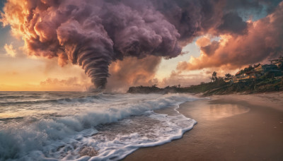 outdoors, sky, cloud, water, dutch angle, no humans, ocean, beach, cloudy sky, scenery, smoke, sunset, sand, waves, shore