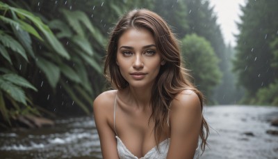 1girl,solo,long hair,breasts,looking at viewer,smile,large breasts,brown hair,dress,cleavage,bare shoulders,brown eyes,medium breasts,collarbone,upper body,outdoors,parted lips,day,water,white dress,blurry,tree,lips,wet,depth of field,blurry background,rain,realistic,nose,grey eyes,plant,nature