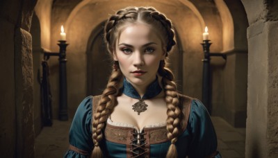 1girl,solo,long hair,breasts,looking at viewer,blue eyes,blonde hair,brown hair,dress,cleavage,jewelry,medium breasts,upper body,braid,earrings,parted lips,choker,puffy sleeves,indoors,twin braids,lips,grey eyes,makeup,blue dress,lipstick,hair over shoulder,forehead,realistic,nose,red lips,candle,hair pulled back,pillar,church,candlelight,lace