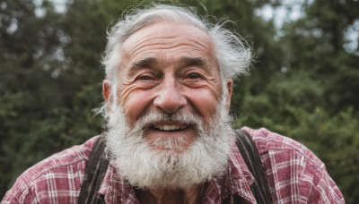 solo,looking at viewer,smile,shirt,1boy,upper body,white hair,male focus,outdoors,day,collared shirt,blurry,black eyes,plaid,blurry background,facial hair,messy hair,portrait,beard,realistic,mustache,manly,old,plaid shirt,old man,wrinkled skin,closed mouth,parted lips,teeth,bag,lips,depth of field,parody,backpack,red shirt,facing viewer,pink shirt,checkered shirt