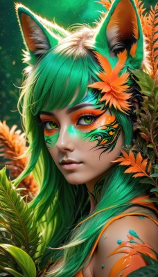 1girl,solo,long hair,looking at viewer,bangs,hair ornament,animal ears,bare shoulders,closed mouth,green eyes,upper body,flower,multicolored hair,green hair,artist name,cat ears,hair flower,mole,blurry,from side,lips,animal ear fluff,fox ears,eyelashes,mole under eye,tattoo,makeup,leaf,watermark,facial mark,plant,portrait,light particles,eyeshadow,freckles,realistic,nose,eyeliner,facepaint,mascara,signature,web address,leaf hair ornament