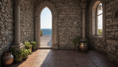 outdoors,sky,day,water,blue sky,no humans,window,shadow,ocean,sunlight,plant,scenery,stairs,door,potted plant,wall,brick wall,pillar,flower pot,arch,cloud,indoors,bush,column,pavement,brick floor