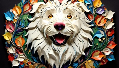 HQ,solo,looking at viewer,open mouth,yellow eyes,flower,teeth,tongue,tongue out,orange eyes,no humans,leaf,fangs,plant,sharp teeth,black background,portrait,animal focus,simple background,animal,chinese zodiac,white fur,tiger,year of the tiger,white tiger