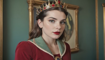 1girl,solo,long hair,looking at viewer,brown hair,black hair,dress,brown eyes,jewelry,upper body,earrings,indoors,blurry,lips,makeup,blurry background,red dress,tiara,crown,lipstick,brooch,gem,portrait,forehead,freckles,realistic,red lips,stud earrings,hair behind ear,painting (object),portrait (object),closed mouth,parody