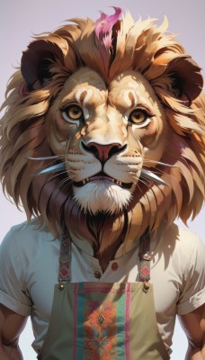 solo,looking at viewer,simple background,shirt,1boy,white background,animal ears,brown eyes,white shirt,upper body,short sleeves,male focus,collared shirt,apron,gradient,gradient background,no humans,muscular,buttons,animal,floral print,furry,realistic,overalls,lion ears,whiskers,lion,brown hair,closed mouth,yellow eyes,teeth,medium hair,suspenders,brown fur