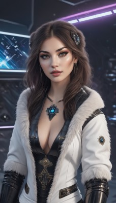 1girl,solo,long hair,breasts,looking at viewer,brown hair,hair ornament,cleavage,brown eyes,jewelry,medium breasts,jacket,upper body,earrings,parted lips,open clothes,necklace,mole,lips,coat,fur trim,eyelashes,makeup,pendant,eyeshadow,science fiction,realistic,nose,white coat,open jacket,white jacket,forehead,red lips