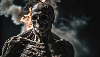 solo,looking at viewer,1boy,upper body,male focus,teeth,blurry,blurry background,fire,black background,facing viewer,smoke,skull,skeleton,burning,no humans,portrait