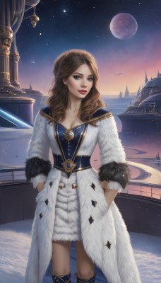 1girl,solo,long hair,breasts,looking at viewer,blue eyes,brown hair,dress,cleavage,jewelry,medium breasts,standing,earrings,boots,outdoors,sky,water,necklace,white dress,lips,coat,fur trim,makeup,night,moon,knee boots,lipstick,star (sky),night sky,full moon,starry sky,hands in pockets,white coat,red lips,watercraft,planet,ship,brown eyes,artist name,watermark,realistic,nose,fur,tower