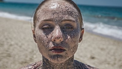 1girl,solo,looking at viewer,1boy,brown eyes,male focus,outdoors,parted lips,day,water,blurry,lips,wet,depth of field,blurry background,ocean,beach,portrait,realistic,sand,closed mouth,wrinkled skin