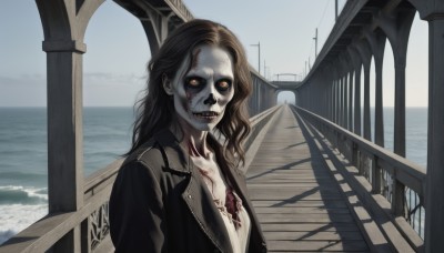 1girl,solo,long hair,looking at viewer,smile,brown hair,shirt,black hair,1boy,jacket,yellow eyes,upper body,male focus,outdoors,open clothes,water,black jacket,blood,ocean,scar,pale skin,colored sclera,watercraft,vampire,stitches,grey skin,boat,horror (theme),teeth,fangs,sharp teeth,injury,blood on face,stairs,ship,leather jacket