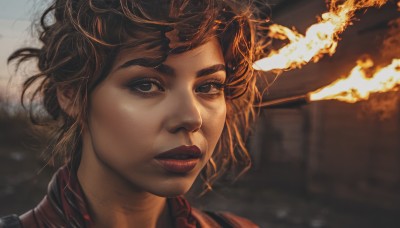 1girl,solo,looking at viewer,short hair,brown hair,brown eyes,closed mouth,blurry,lips,makeup,blurry background,fire,lipstick,messy hair,red shirt,portrait,smoke,freckles,realistic,nose,red lips,burning,bangs,black hair,parted lips,black eyes,eyelashes,close-up