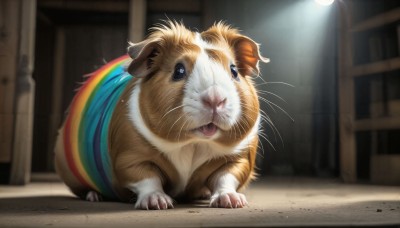 HQ,solo,looking at viewer,blue eyes,full body,outdoors,tongue,indoors,tongue out,blurry,black eyes,no humans,blurry background,animal,sunlight,cat,claws,light rays,realistic,animal focus,rainbow,whiskers,lion,open mouth,standing,spotlight,alley