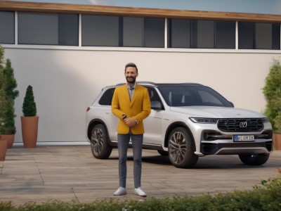 solo,looking at viewer,short hair,shirt,long sleeves,1boy,holding,standing,jacket,white shirt,male focus,outdoors,necktie,shoes,day,collared shirt,pants,dark skin,facial hair,black pants,formal,white footwear,dark-skinned male,plant,ground vehicle,motor vehicle,beard,watch,mustache,car,wristwatch,potted plant,yellow jacket,animification,vehicle focus,sports car,smile,black hair,black eyes,tree,phone,cellphone,smartphone,personification,holding phone