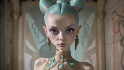 1girl,solo,looking at viewer,short hair,bangs,bare shoulders,jewelry,closed mouth,green eyes,blue hair,earrings,green hair,pointy ears,hair bun,blurry,double bun,aqua hair,makeup,blurry background,facial mark,portrait,eyeshadow,freckles,hair pulled back,mascara,lips,eyelashes,gem,realistic,nose