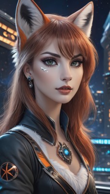 1girl,solo,long hair,breasts,looking at viewer,bangs,brown hair,animal ears,cleavage,jewelry,medium breasts,green eyes,jacket,upper body,earrings,outdoors,parted lips,sky,necklace,orange hair,blurry,lips,black jacket,fur trim,fox ears,eyelashes,tattoo,makeup,night,facial mark,lipstick,gem,night sky,extra ears,pendant,red lips,artist name,signature,thick eyebrows,city,nose,facepaint,mascara