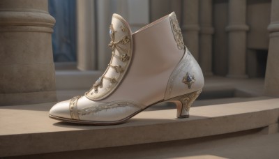 shoes,blurry,high heels,no humans,depth of field,blurry background,shadow,white footwear,gem,close-up,foot focus,pillar,still life,jewelry