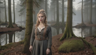 1girl,solo,long hair,breasts,looking at viewer,blue eyes,blonde hair,brown hair,long sleeves,cleavage,medium breasts,closed mouth,standing,outdoors,belt,tree,lips,nature,forest,realistic,arms at sides,red lips,brown belt,fog,dress,collarbone,ponytail,coat,scenery